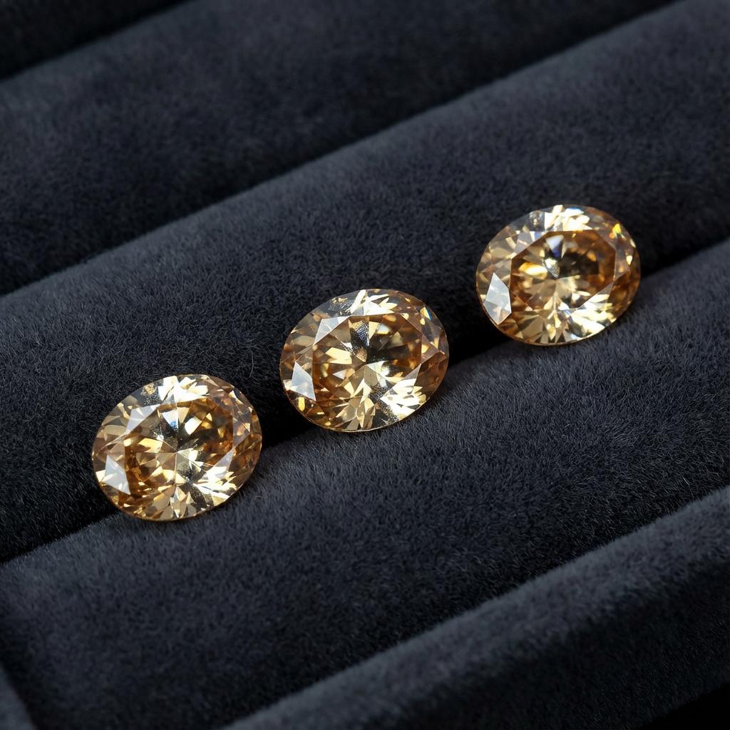“Three oval-cut champagne CZ gemstones lined in a black jewelry tray. Bright internal fire and uniform faceting highlight the calibrated 9×7 mm cut. The warm neutral color is ideal for gold settings, custom engagement rings, and artisan jewelry work.”