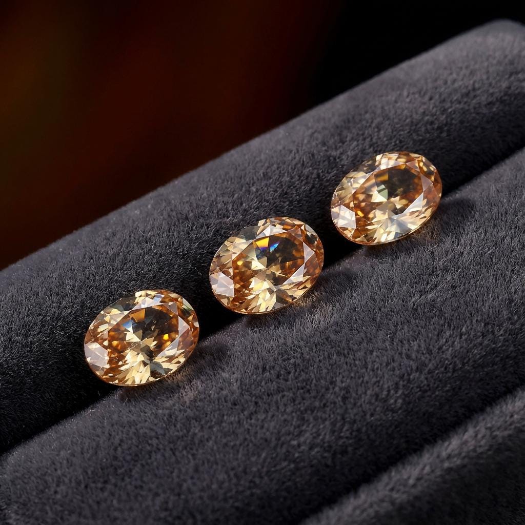 “Three champagne cubic zirconia ovals displayed on a black velvet ring tray. The stones exhibit strong brilliance, symmetrical oval proportions, and high clarity. Their calibrated 9×7 mm sizing is suitable for professional jewelers and custom design studios.”