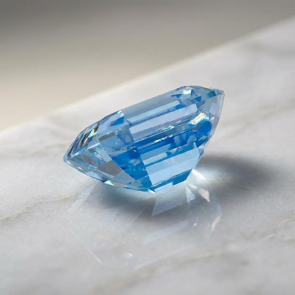 Profile view of a 9×7 mm emerald-cut blue moissanite resting on a light surface. The image shows crown height, pavilion angle, and girdle thickness, useful for setting planning. The lab-grown stone displays high transparency and precise cutting, supporting CAD-based jewelry workflows or custom bench settings.