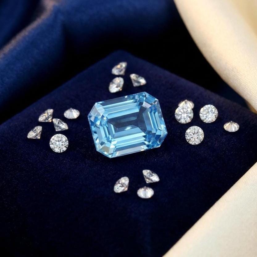 An emerald-cut blue moissanite centered among small round brilliant stones on dark velvet. The comparison highlights the emerald cut’s broad flashes and linear facet pattern versus round cuts. The moissanite’s size and proportions emphasize presence and clean geometry, offering a modern alternative to traditional diamond layouts for custom jewelry design.