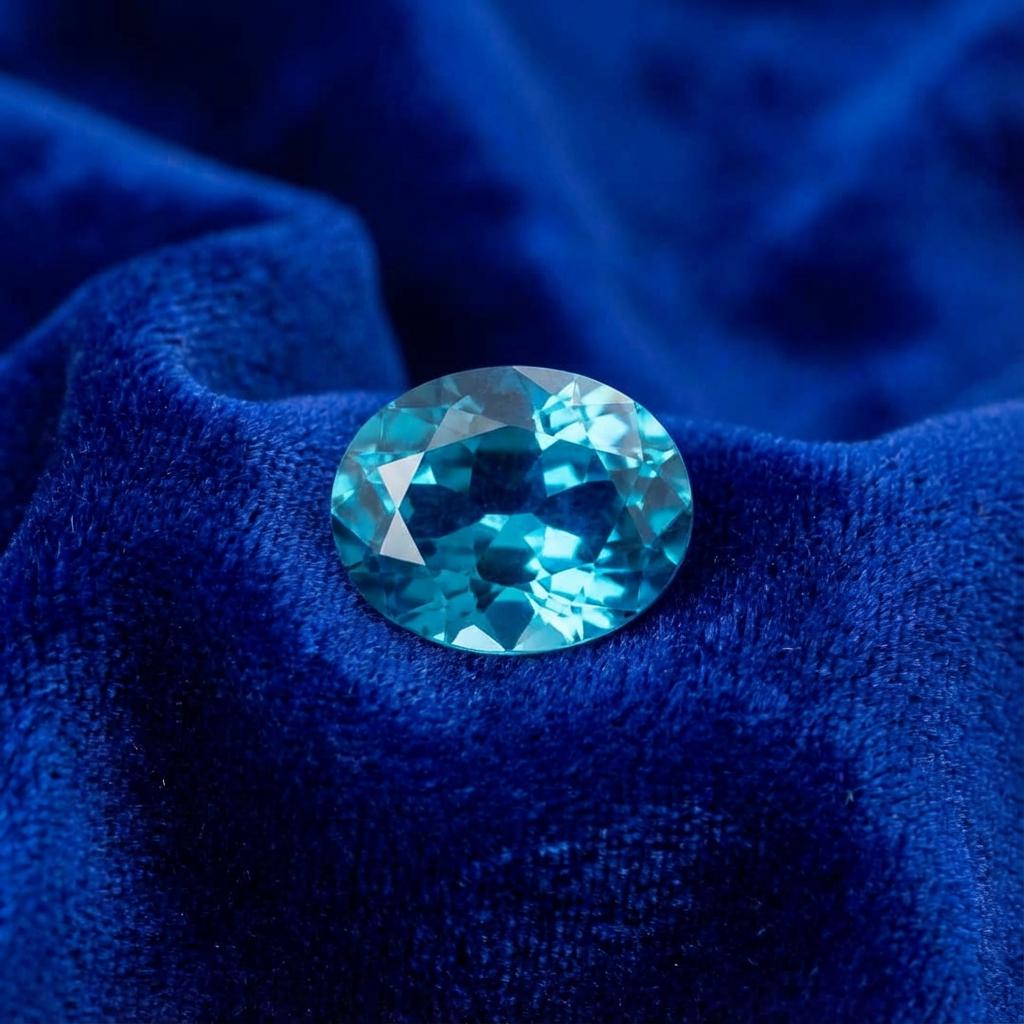 “Close-up view of an oval blue sapphire resting on velvet, focusing on the table and crown facets. The stone displays even color distribution, minimal windowing, and crisp polish, making it ideal for fine jewelry applications and precision bench work.”