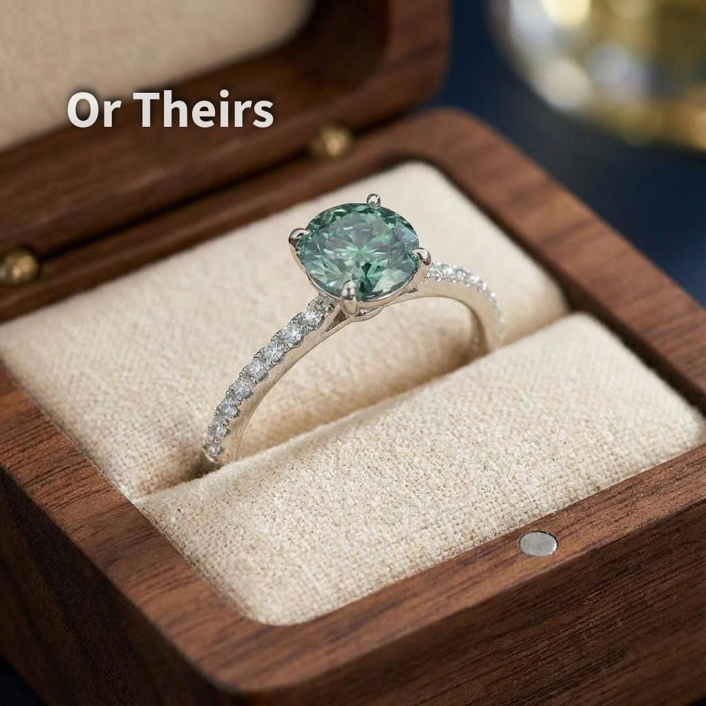 “Round emerald green moissanite mounted in a ring setting, highlighting prong placement and face-up appearance. The Russian-style round cut emphasizes radial symmetry and dense facet reflections, helping jewelers and clients visualize custom engagement or statement ring applications.”