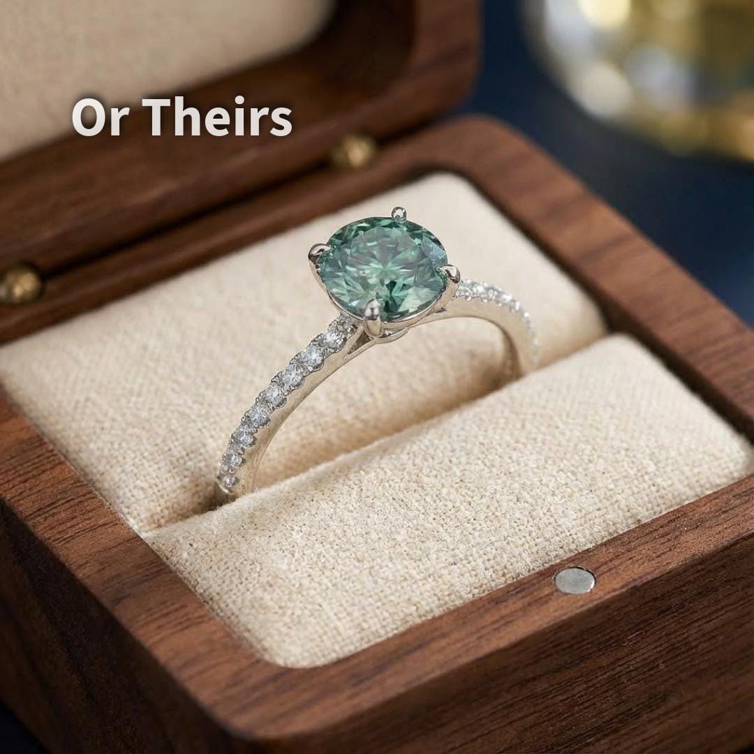 “Round emerald green moissanite mounted in a ring setting, highlighting prong placement and face-up appearance. The Russian-style round cut emphasizes radial symmetry and dense facet reflections, helping jewelers and clients visualize custom engagement or statement ring applications.”