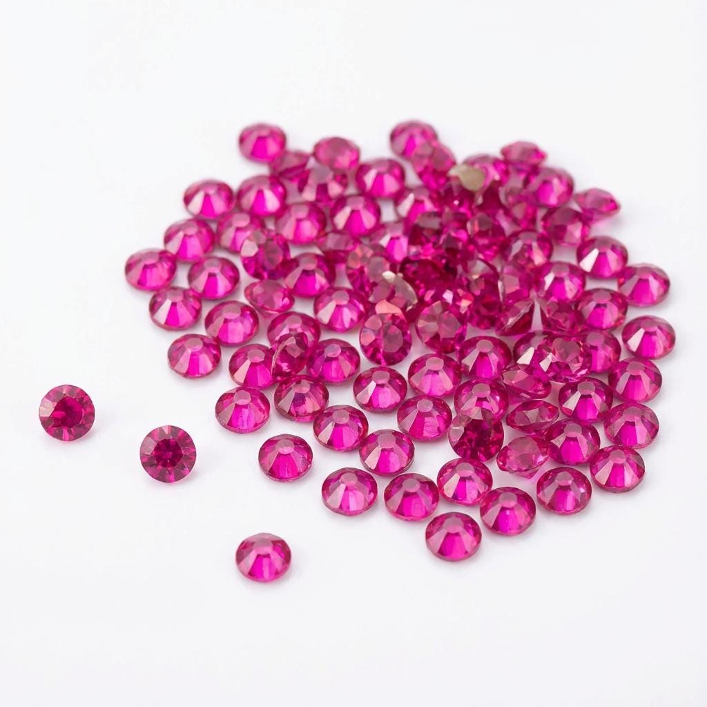 Loose lab grown pink sapphire accent stones, 2 mm round cut, scattered on a white background. High-contrast view highlights bright pink color, polish, and uniform sizing for jewelers sourcing small embellishment stones with short lead times.