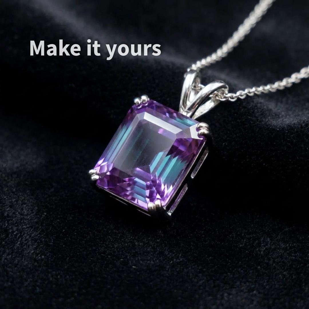 Loose alexandrite sapphire gemstone, 6 carat Asscher cut, resting on black fabric, showing saturated purple tone with cool blue-green undertones, clean facet junctions, architectural step-cut geometry favored in Art Deco jewelry designs.
