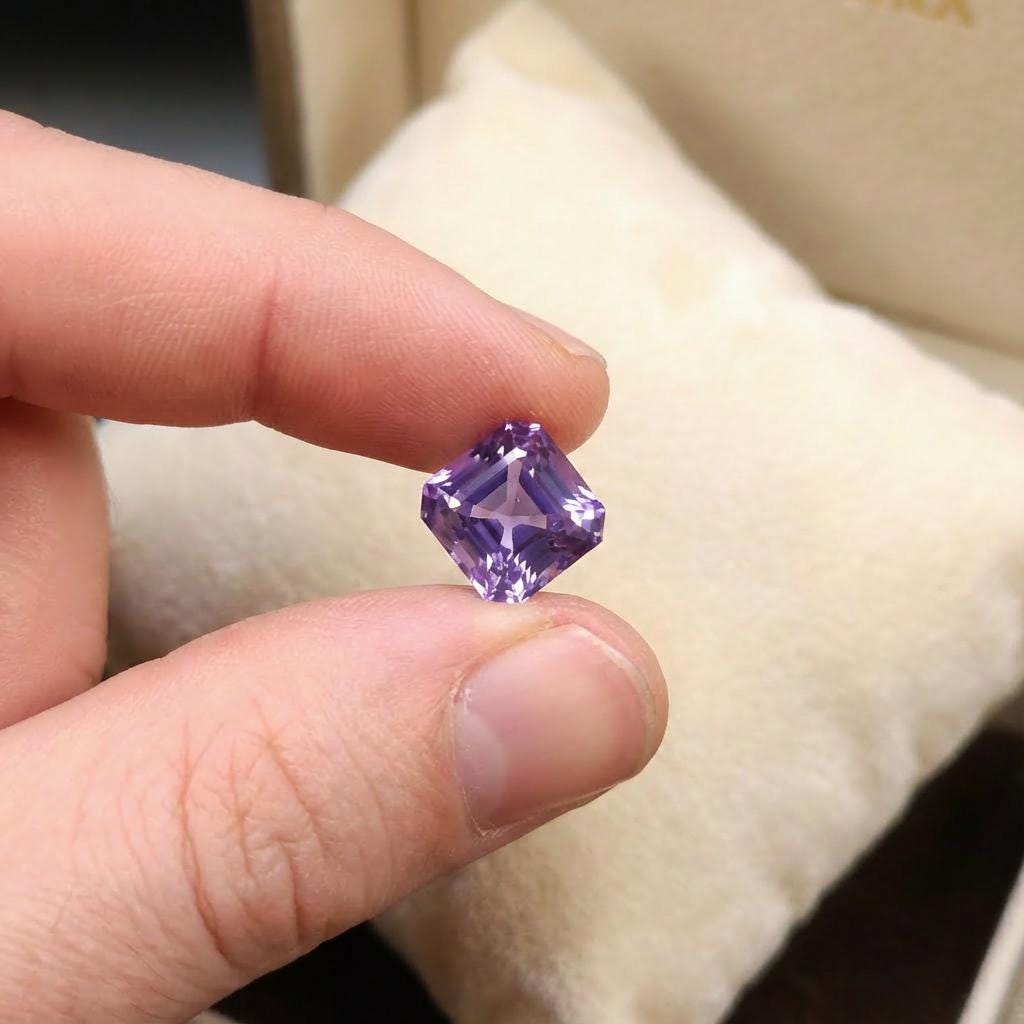 6 ct Asscher cut alexandrite sapphire held between fingers for scale, lab-grown color-change sapphire showing violet body color with teal flashes, sharp step-cut facets, large statement gemstone suitable for custom ring or pendant design.