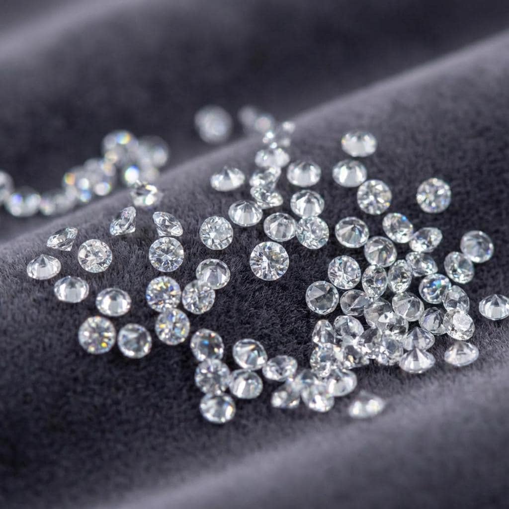 Close-up view of multiple 2 mm white sapphire gemstones on dark velvet, loose round brilliant cuts with high clarity and clean polish, ideal for halo rings, earrings, and fine jewelry accents.