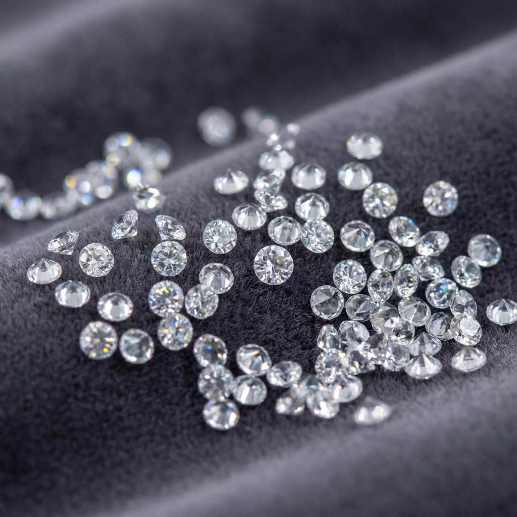 Close-up view of multiple 2 mm white sapphire gemstones on dark velvet