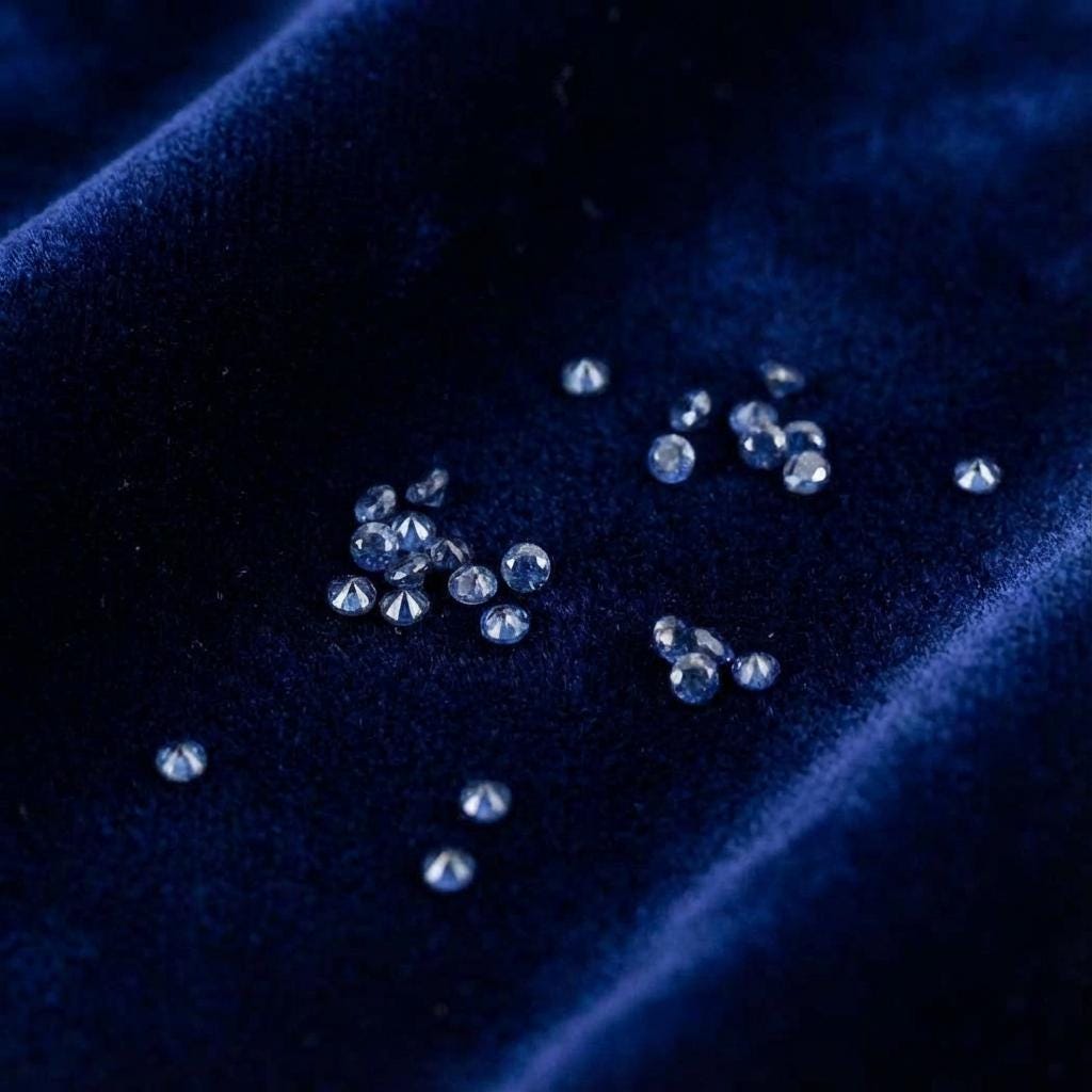 Scattered 1 mm blue sapphire accent stones on dark velvet fabric, showing pavilion depth and uniform cutting. Loose lab-grown sapphires intended for micro-pavé, bead setting, and fine jewelry detailing.