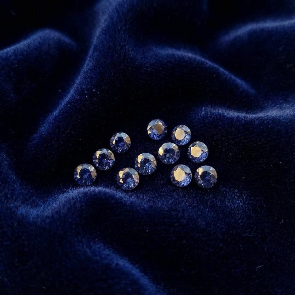 Close-up of 1 mm lab-grown blue sapphires arranged in a small cluster on dark blue velvet. Uniform round brilliant accent stones showing consistent color and facet alignment for precision jewelry setting and bench work.