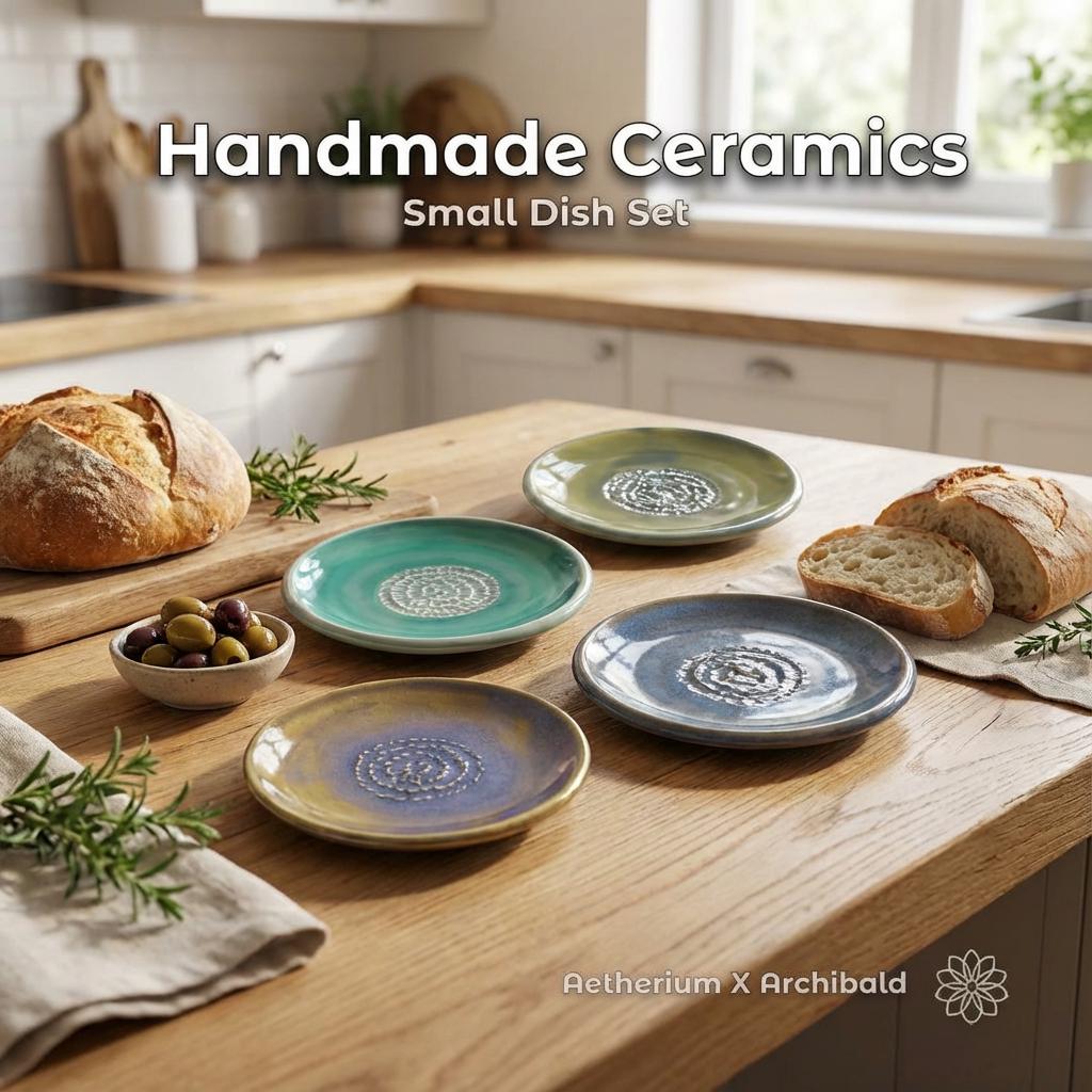 A set of four handcrafted ceramic dishes arranged on a natural wood surface. Each dish is round with a glossy glaze in blue, teal, green, and golden tones, featuring a raised spiral pattern in the center. The dishes measure approximately 4.3 inches, with one smaller 3.6-inch dish. Text on the image reads “Handmade Ceramics – Small Dish Set,” with “Aetherium × Archibald” branding in the lower right corner. Perfect for herb Garlic & oil plates