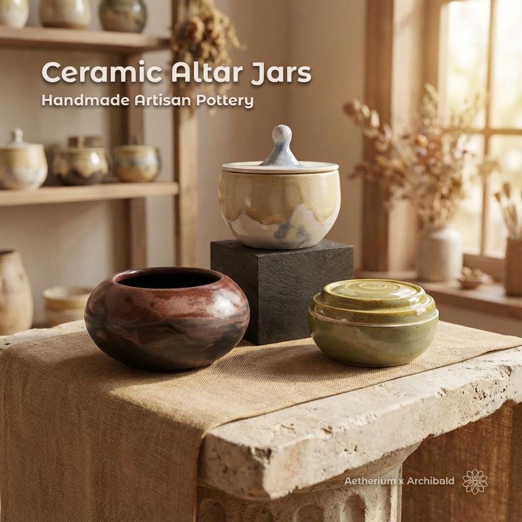 “Hero image showing three handmade ceramic altar vessels: a white marbled lidded jar on a black block, a brown rounded altar bowl, and a green lidded jar. On-image text reads ‘Ceramic Altar Jars’ and ‘Handmade Artisan Pottery.’ Aetherium x Archibald logo at bottom right.”