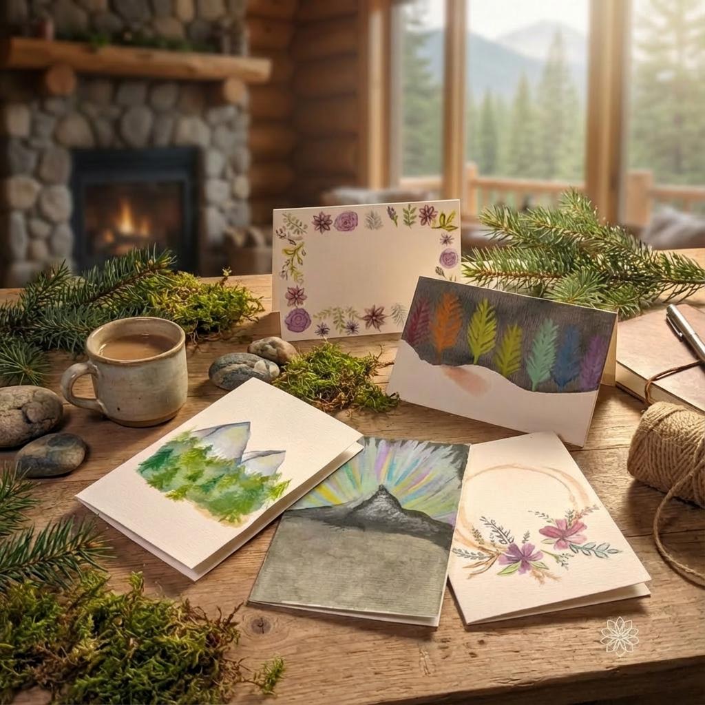 Choose from a collection of PNW themed cards’ above a display of handmade watercolor cards. Designs include mountain evergreens, aurora sky, abstract winter leaves, and florals. Cards lie on a rustic wood tabletop, showcasing the textured watercolor cardstock used in the Aetherium x Archibald series.”