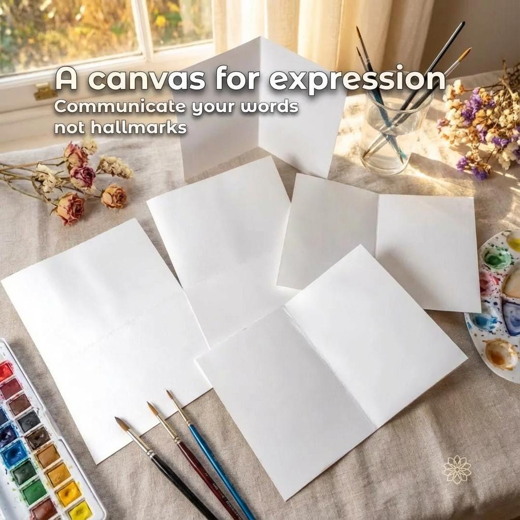 “Inside view of the watercolor cards from the Aetherium x Archibald collaboration, showing blank interiors on textured watercolor paper. Cards are arranged open on a wooden table. Text overlay reads ‘A canvas for expression – Communicate your words, not hallmarks,’ highlighting their handmade, personal-use design.”