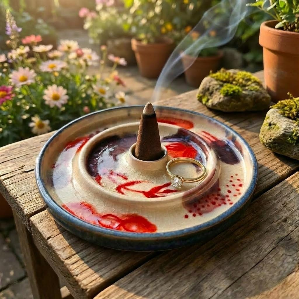 Hand-painted ceramic incense dish styled on a wooden surface with a burning incense cone and a gold ring resting on the dish. The cream crackle glaze, abstract red botanical brushstrokes, and blue rim are visible. Smoke rises gently, emphasizing the dish’s use as a functional incense holder within a calm, intentional, wabi-sabi–influenced setting.