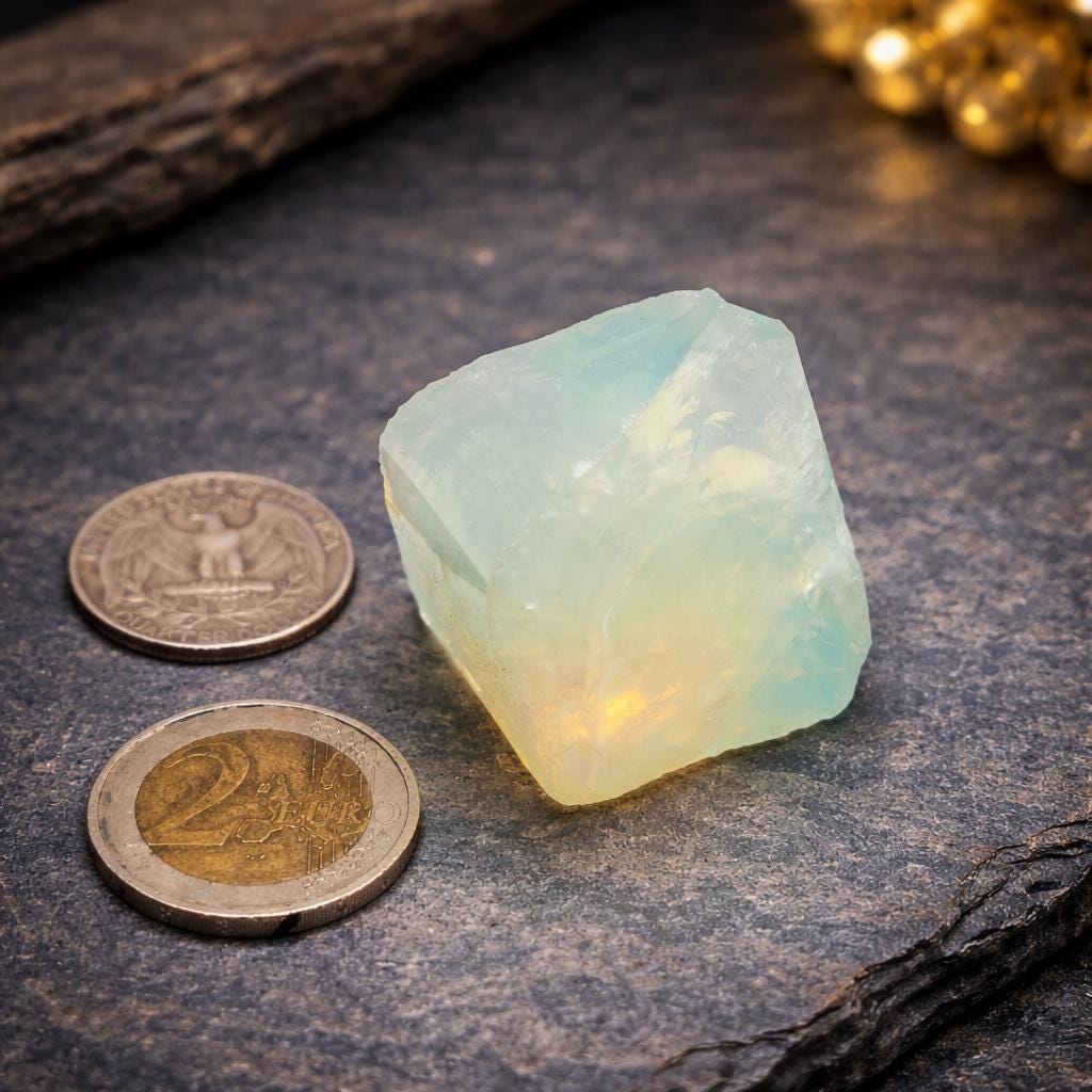 Block-shaped lab-made synthetic opal glass rough displayed upright on a dark stone background beside coins. The glass shows even blue-green coloration with yellow internal light transmission and flat fracture faces, illustrating thickness, shape, and practice material consistency.