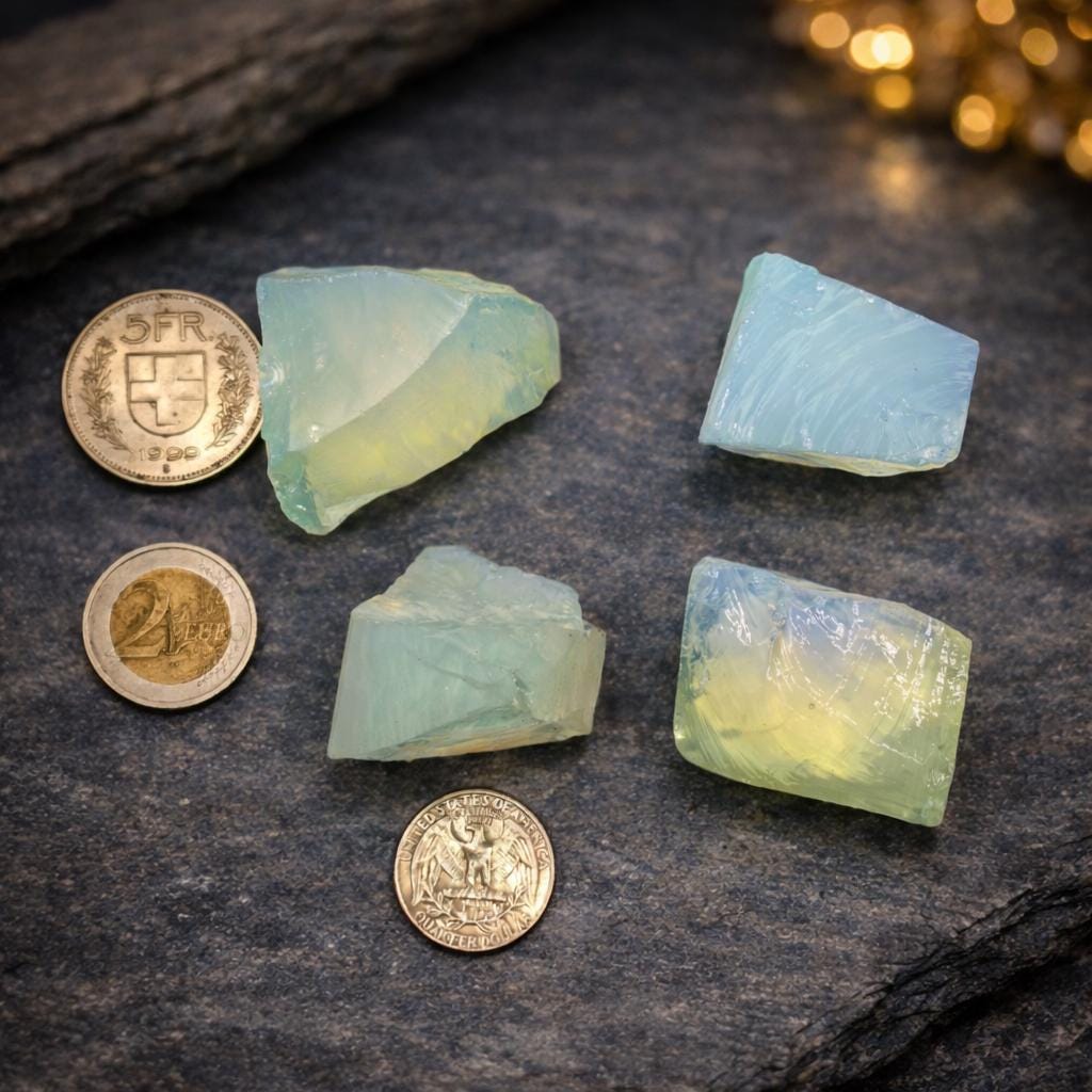 Four pieces of lab-made synthetic opal glass lapidary practice material arranged on a dark stone surface with mixed coins for scale. Each rough glass piece varies slightly in shape and thickness, showing blue-green translucent color, yellow internal glow, and glass fracture textures.