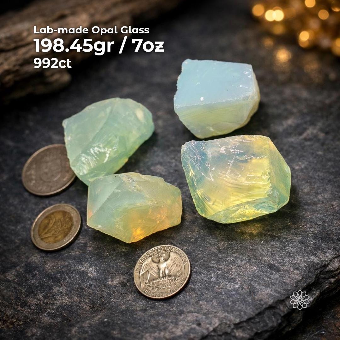 Full lot of lab-made synthetic opal glass lapidary practice material totaling approximately 198.45 grams or 7 ounces, shown as multiple rough glass chunks. Blue-green translucent glass with yellow highlights, displayed on a dark stone background with U.S. and European coins for scale, illustrating size, quantity, and rough cutting material.