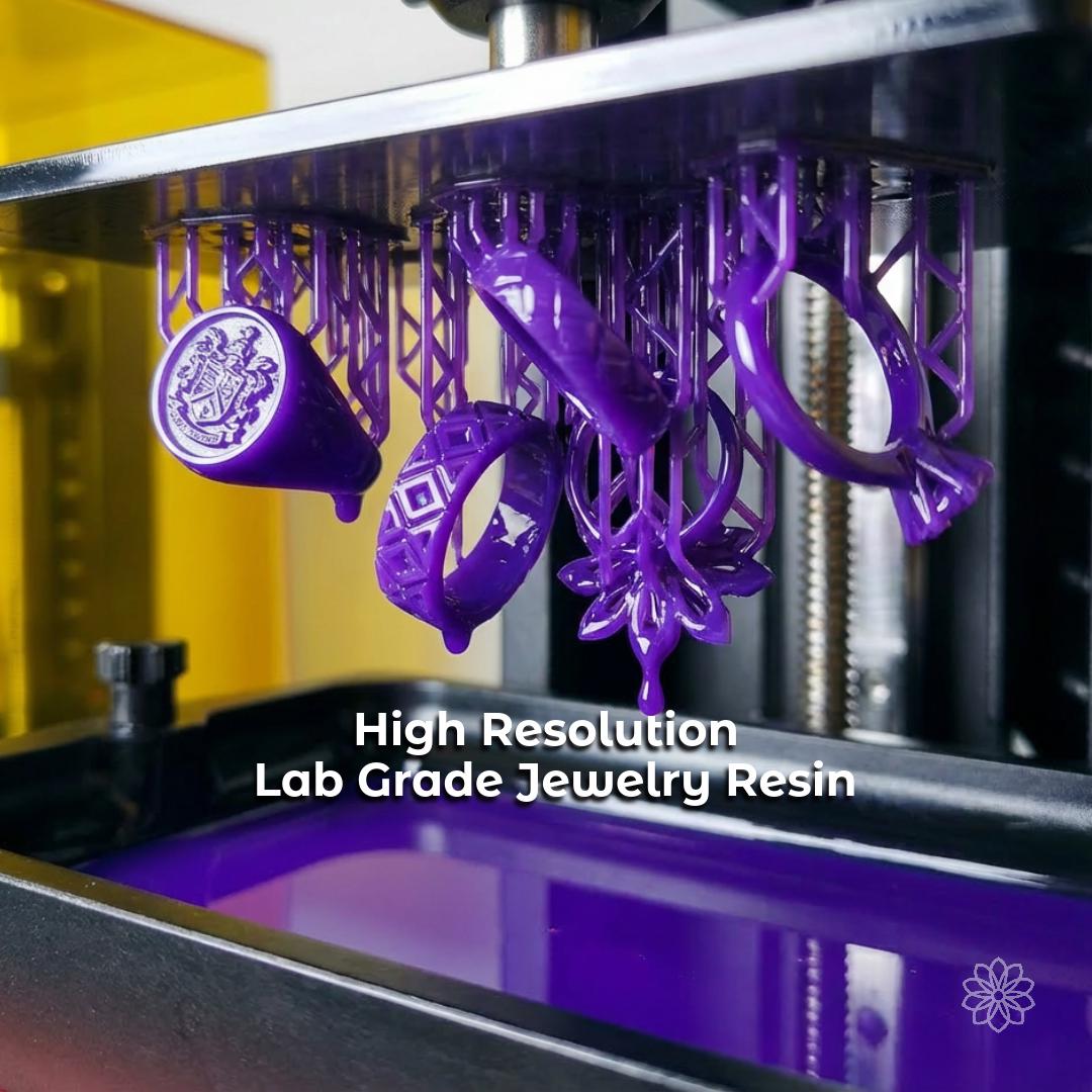High-resolution purple casting resin ring models suspended upside down on a resin printer build plate, supported by fine lattice structures. The rings feature detailed geometry, including engraved surfaces and delicate forms, demonstrating resin printing for jewelry designs that require tight tolerances and fine detail prior to casting.