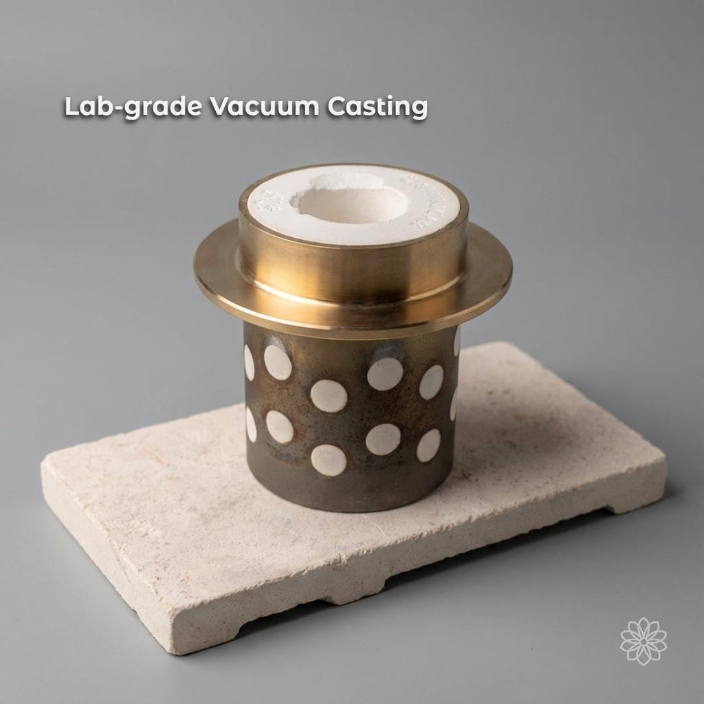 A perforated metal flask filled with white investment material, resting on a firebrick surface, prepared for vacuum casting. The flask shows the stage after burnout, where printed or wax ring patterns have been removed, leaving a mold cavity ready to be filled with molten metal.