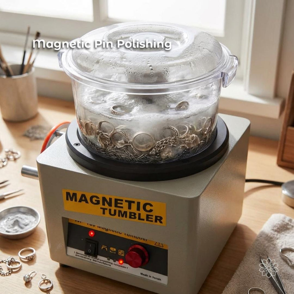 A magnetic pin tumbler in operation on a workbench, filled with water, stainless steel pins, and multiple metal rings and chains. Steam and motion inside the clear lid indicate active polishing, representing optional finishing support for smoothing and refining cast jewelry after metal work.