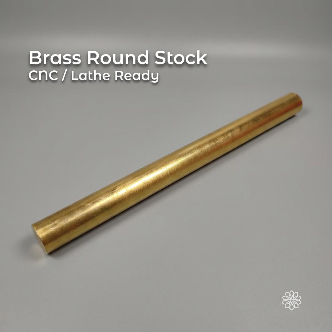 Solid brass round stock rod displayed on a neutral background with text reading “Brass Round Stock – CNC / Lathe Ready.” The cylindrical brass rod has a smooth, uniform surface finish and straight profile, shown as machining stock intended for CNC and lathe turning operations. The rod measures approximately 1 inch in diameter and 11.8 inches in length.