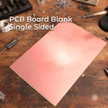 “A large copper-clad PCB blank placed on a workbench with a soldering iron, cutters, and scattered components nearby. The copper surface shows a light brushed texture typical of raw laminate prepared for PCB etching, CNC isolation routing, circuit prototyping, and electronics projects.”