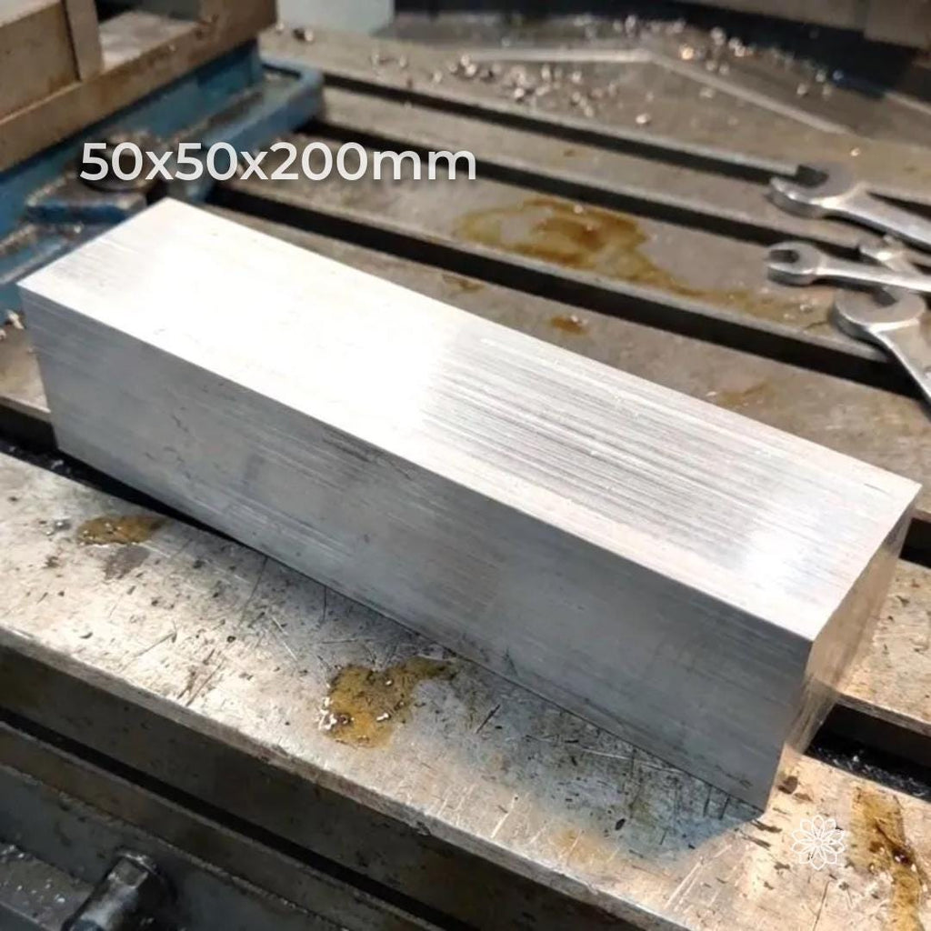 A rectangular 200 mm aluminum 6160-T6 bar blank positioned on a metal mill bed, with visible cutter marks and shop tooling in the background. Raw stock for machining, milling fixtures, jigs, and precision components.