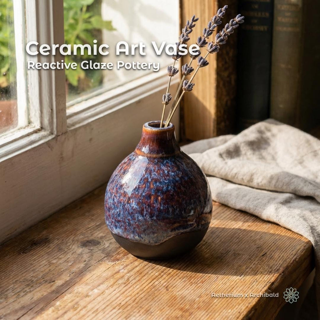 Handmade ceramic art vase with a rounded, closed form and narrow neck, finished in a reactive glaze blending deep blue, violet, and rust tones with subtle white interruptions. The vase sits on a wooden windowsill in natural light, holding a few dried lavender stems. Books and folded linen fabric rest nearby, emphasizing scale, quiet presence, and artisanal character. Text overlay reads “Ceramic Art Vase – Reactive Glaze Pottery.”