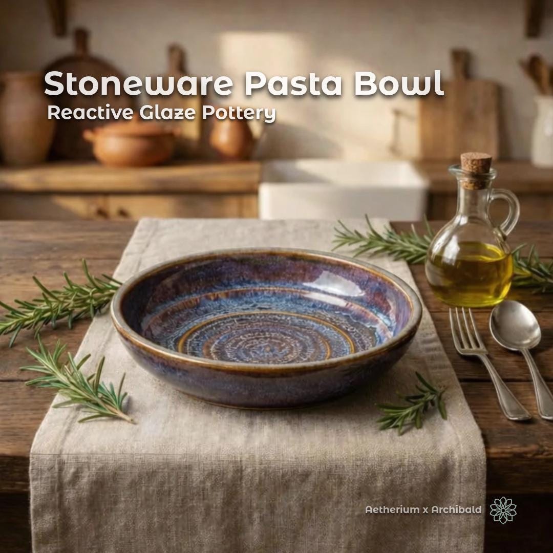 “Stoneware pasta bowl with a deep reactive glaze in blues, indigos, rust, and cream, shown from above on a warm farmhouse wood table. The bowl has a wide rim, gently sloped sides, and a textured spiral pattern. Handmade ceramic piece from the Aetherium × Archibald collection.”