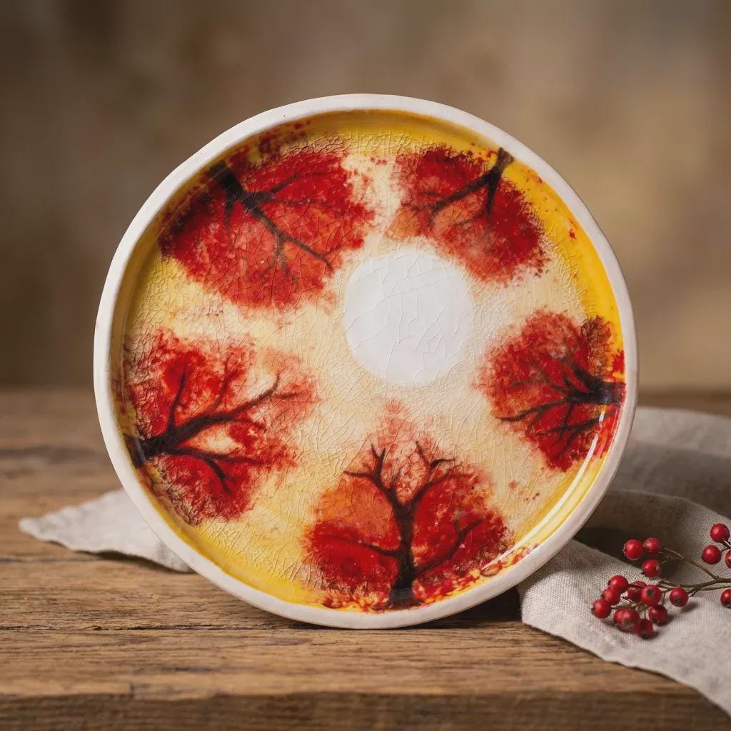 Front-facing view of a hand-painted ceramic wall plate with red foliage motifs arranged in a circular composition. The pale center and crackle glaze texture highlight the wabi sabi aesthetic and the natural variation of the handmade finish.