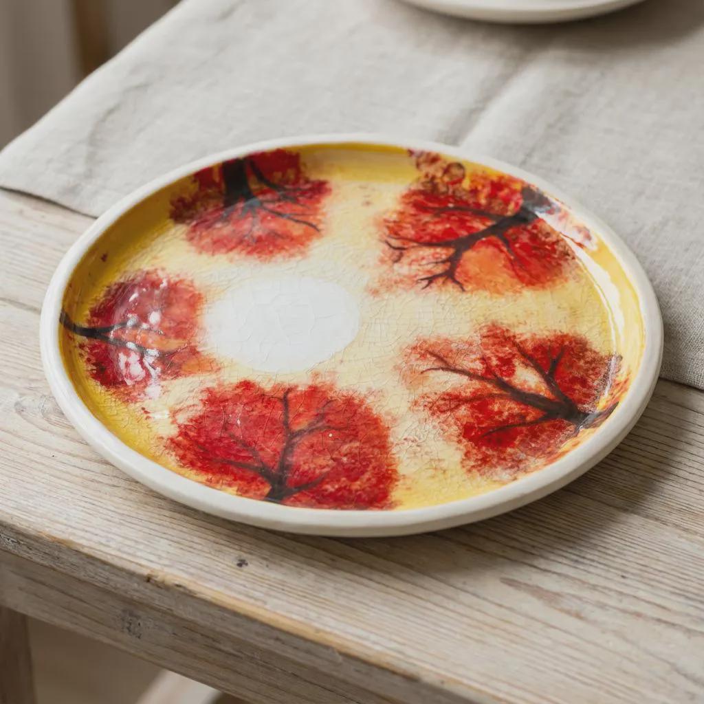 Low-angle view of a hand-painted ceramic plate lying flat on a wooden table. The red autumn tree imagery and warm yellow glaze are emphasized by natural light, revealing fine kannyū crackle patterns across the surface.