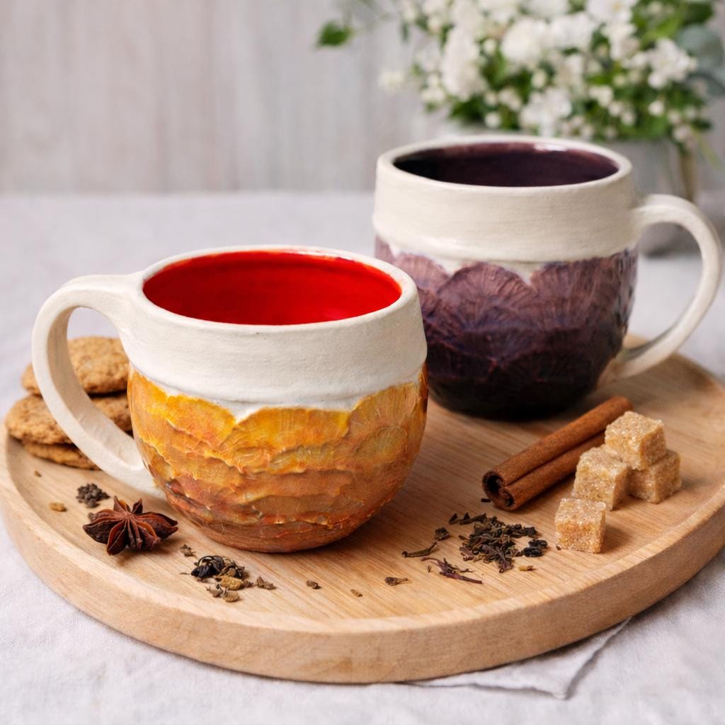 Two handmade ceramic mugs placed on a round wooden board alongside cinnamon sticks, star anise, sugar cubes, and cookies. One mug has a textured orange exterior with a red interior, the other has a textured plum exterior with a dark interior. The carved surfaces resemble layered organic patterns.