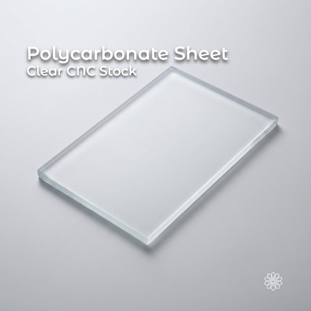 Clear polycarbonate plate shown flat on a neutral background, with visible polished edges and transparent body. The solid plastic sheet highlights optical clarity, uniform thickness, and clean-cut edges, representing CNC-ready polycarbonate stock used for machining guards, enclosures, panels, and functional prototype components.