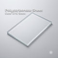 Clear polycarbonate plate shown flat on a neutral background, with visible polished edges and transparent body. The solid plastic sheet highlights optical clarity, uniform thickness, and clean-cut edges, representing CNC-ready polycarbonate stock used for machining guards, enclosures, panels, and functional prototype components.