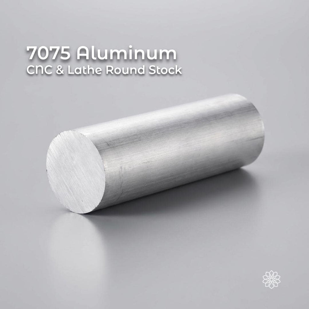 7075 aluminum round stock bar shown on a neutral gray background, CNC and lathe machining stock with smooth milled surface and flat-cut end grain. High-strength aerospace-grade aluminum alloy used for precision parts, fixtures, jigs, and mechanical components. Supplied as raw round bar stock, uncoated and ready for machining.