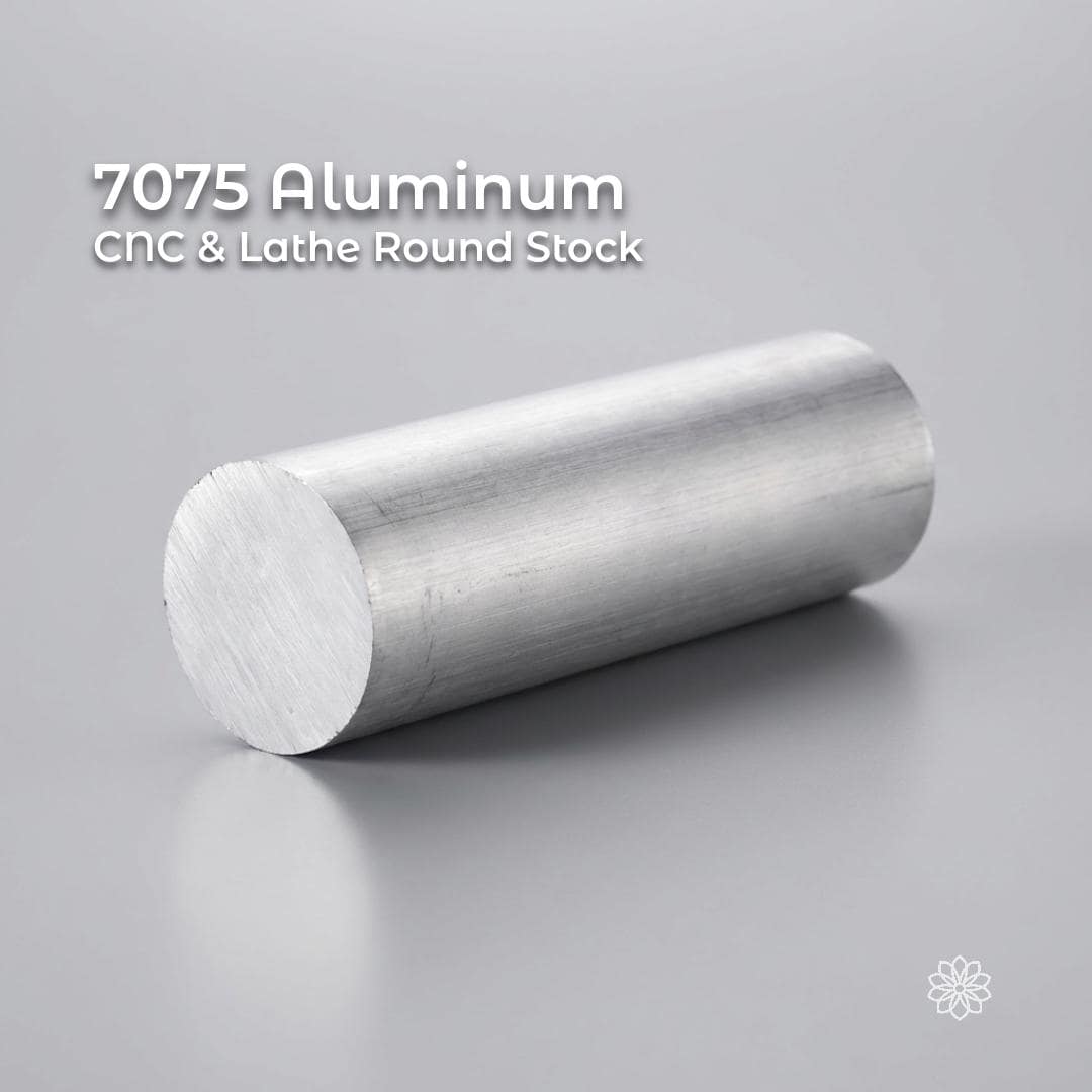 7075 aluminum round stock bar shown on a neutral gray background, CNC and lathe machining stock with smooth milled surface and flat-cut end grain. High-strength aerospace-grade aluminum alloy used for precision parts, fixtures, jigs, and mechanical components. Supplied as raw round bar stock, uncoated and ready for machining.