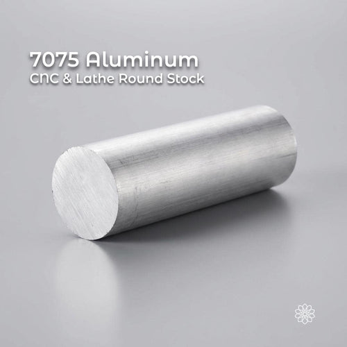 7075 aluminum round stock bar shown on a neutral gray background, CNC and lathe machining stock with smooth milled surface and flat-cut end grain. High-strength aerospace-grade aluminum alloy used for precision parts, fixtures, jigs, and mechanical components. Supplied as raw round bar stock, uncoated and ready for machining.