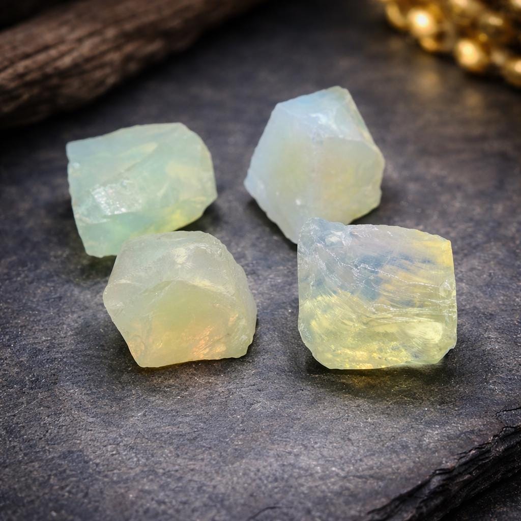 Group of lab-made synthetic opal glass rough pieces photographed together on a dark stone surface. The translucent blue-green glass shows yellow internal glow and irregular fractured surfaces, representing the typical appearance and variation of synthetic opal glass used for lapidary practice.
