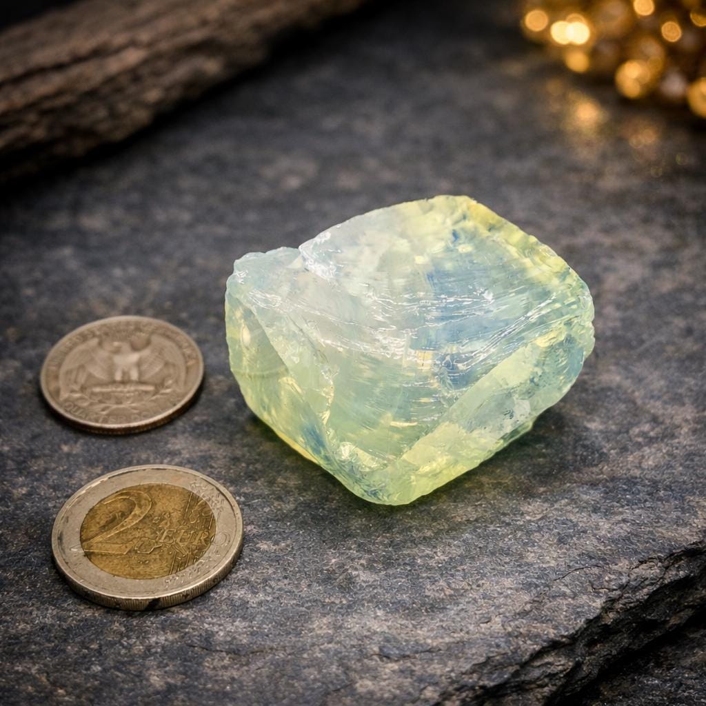 Single piece of lab-made synthetic opal glass rough shown on a dark stone surface with coins for scale. The glass is translucent blue-green with yellow internal glow and curved fracture lines, demonstrating glassy texture and thickness suitable for lapidary practice and cutting technique development.