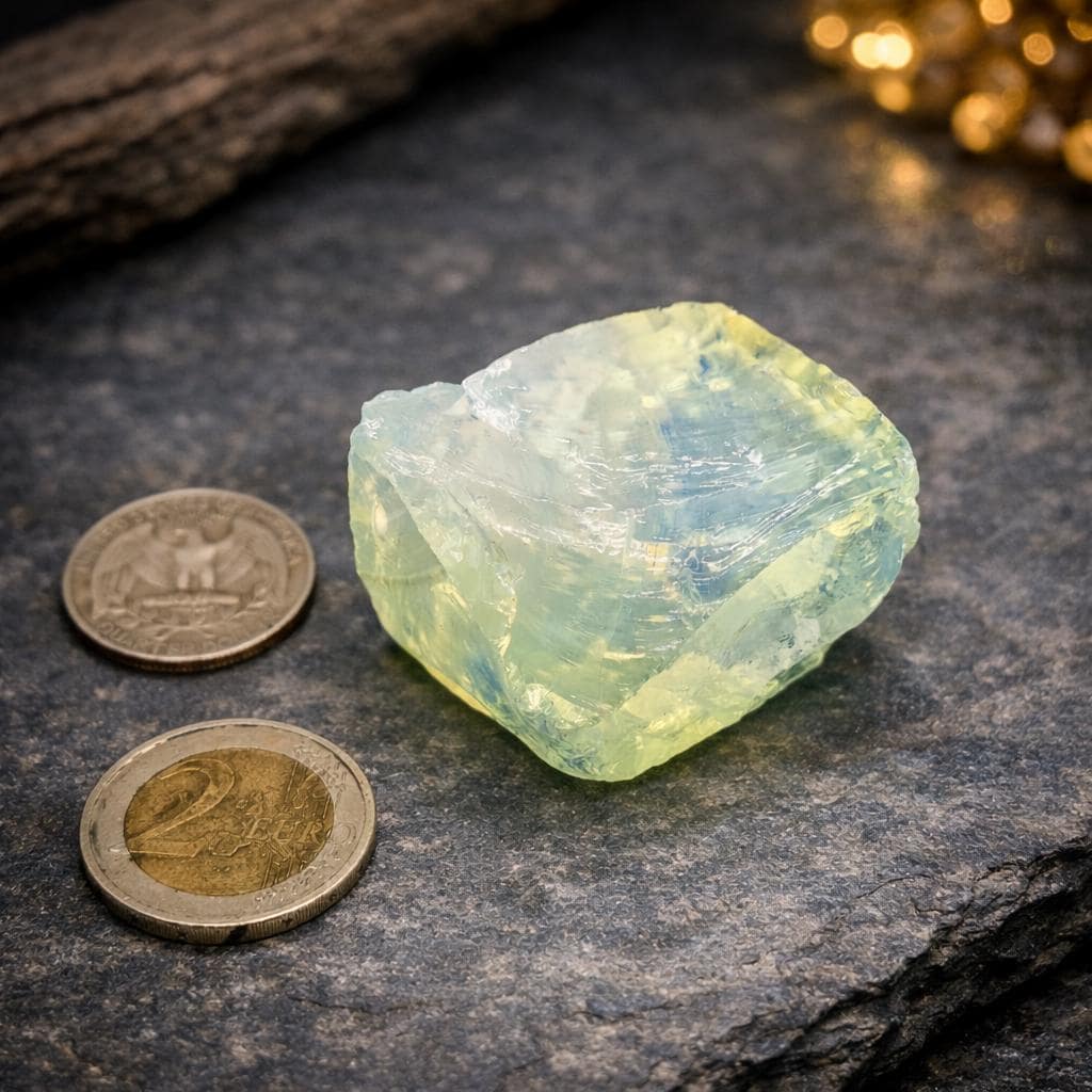 Single piece of lab-made synthetic opal glass rough shown on a dark stone surface with coins for scale. The glass is translucent blue-green with yellow internal glow and curved fracture lines, demonstrating glassy texture and thickness suitable for lapidary practice and cutting technique development.