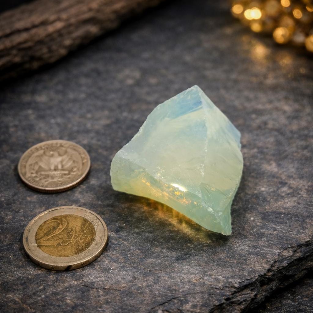 Angled view of a lab-made synthetic opal glass rough piece photographed on stone with coins for size reference. The material shows pale blue-green translucency with yellow glow near the base and sharp glass fracture edges, highlighting internal clarity and practice cutting characteristics.