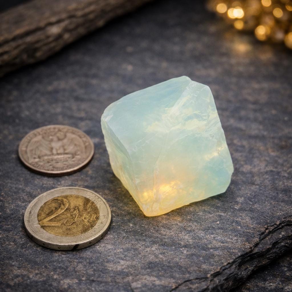 Lab-made synthetic opal glass rough piece with a clean, flat face and visible internal translucency. Blue-green glass with yellow glow photographed on stone with coins for scale, showing surface finish, fracture pattern, and size appropriate for lapidary practice work.
