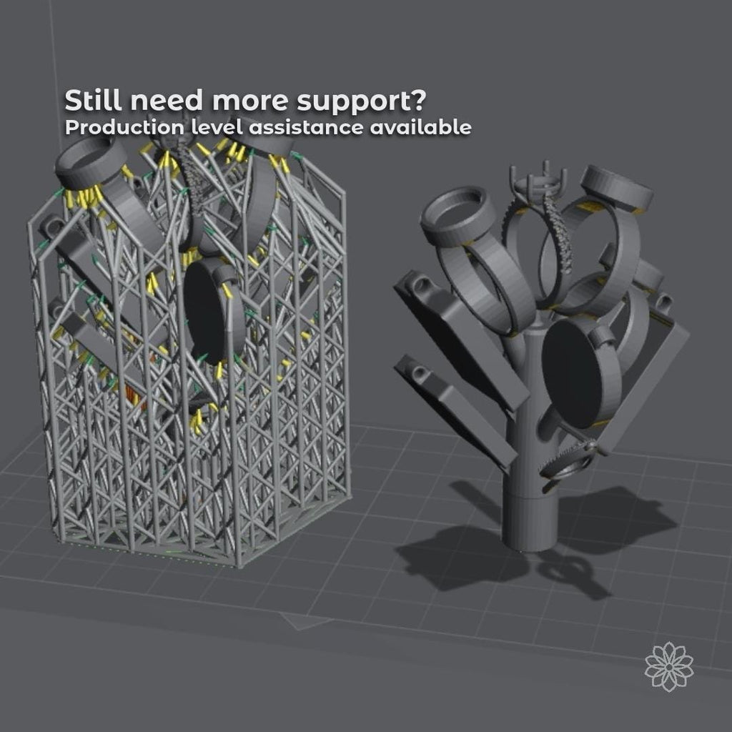 Two digital ring assemblies shown side by side in CAD software: one fully supported with dense lattice structures for resin printing, and one simplified sprue tree layout. The image illustrates different production preparation strategies depending on whether the maker wants print-ready files, casting support, or additional fabrication assistance.