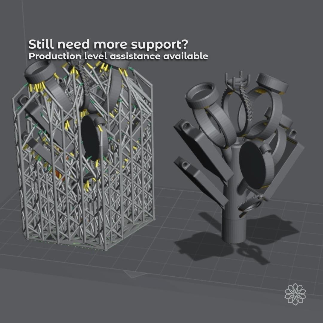 Two digital ring assemblies shown side by side in CAD software: one fully supported with dense lattice structures for resin printing, and one simplified sprue tree layout. The image illustrates different production preparation strategies depending on whether the maker wants print-ready files, casting support, or additional fabrication assistance.