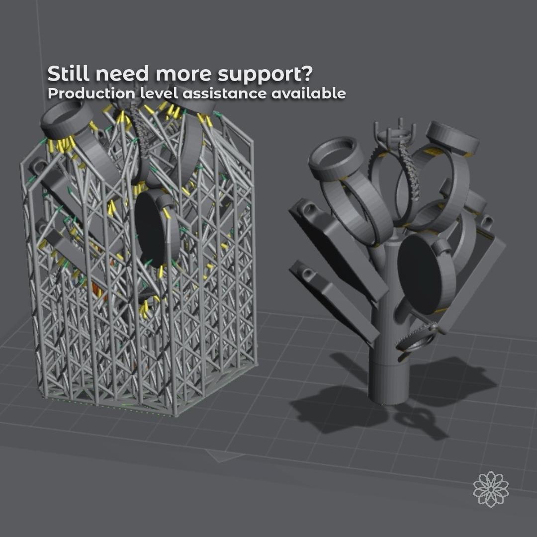 Two digital ring assemblies shown side by side in CAD software: one fully supported with dense lattice structures for resin