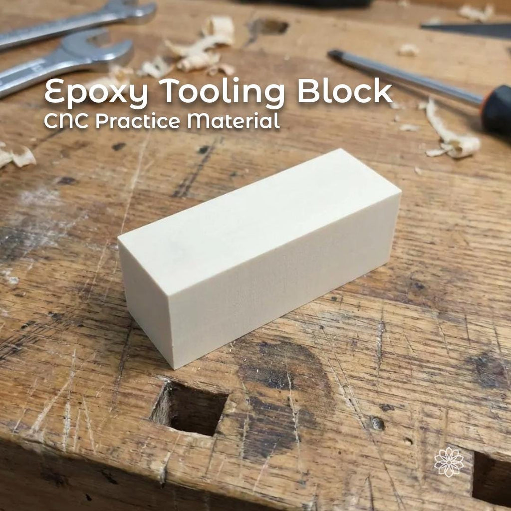 “A compact epoxy machining block with sharp edges and a consistent matte finish. The block is designed for CNC toolpath testing, precision carving, fixture construction, and prototype modeling where dimensional stability is required. Image text highlights this material is ideal as cnc practice material”