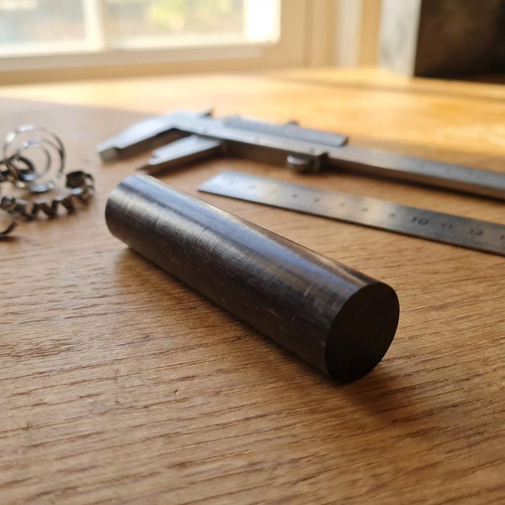 Black Delrin acetal rod resting on a wooden workbench next to calipers and measuring tools, emphasizing precision machining use. CNC and lathe-ready engineering plastic stock ideal for functional prototypes, jigs, bushings, and low-wear mechanical parts.