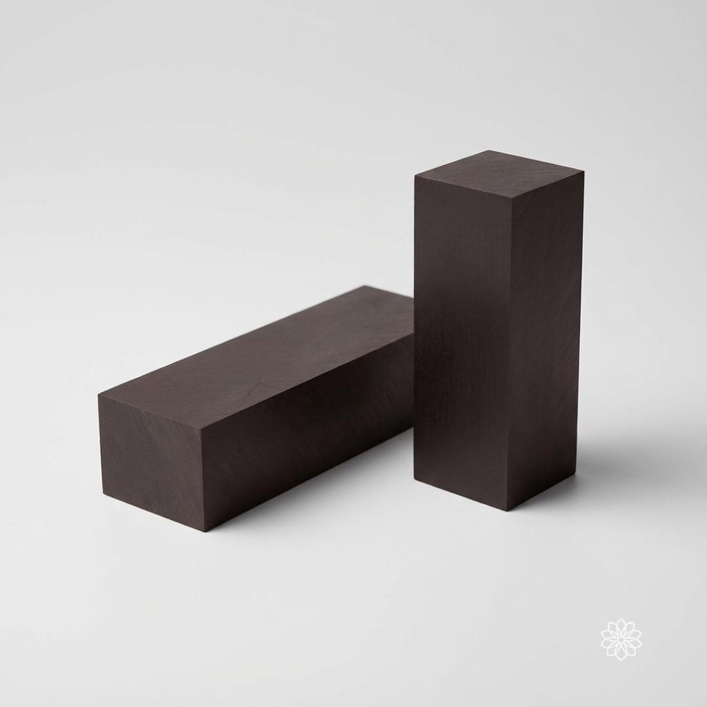 Two black Delrin square blocks displayed against a neutral background, one horizontal and one vertical, showing clean geometry and sharp edges. This image highlights the material’s uniformity and form factor for CNC square stock, acetal fixture blocks, machining practice, and prototyping applications.