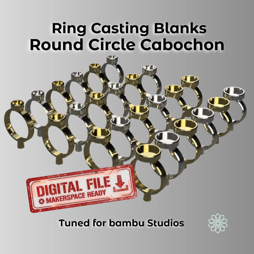 Rendered display of multiple 3D-modeled cabochon ring blanks in silver and gold finishes, arranged in rows on a reflective surface. Text overlay reads “Digital Project Files for Bambu Studios – Round & Circle Cabochon Ring casting Blanks.” Designed for PolyCast burnout filament, ideal for 3D printing and jewelry casting.